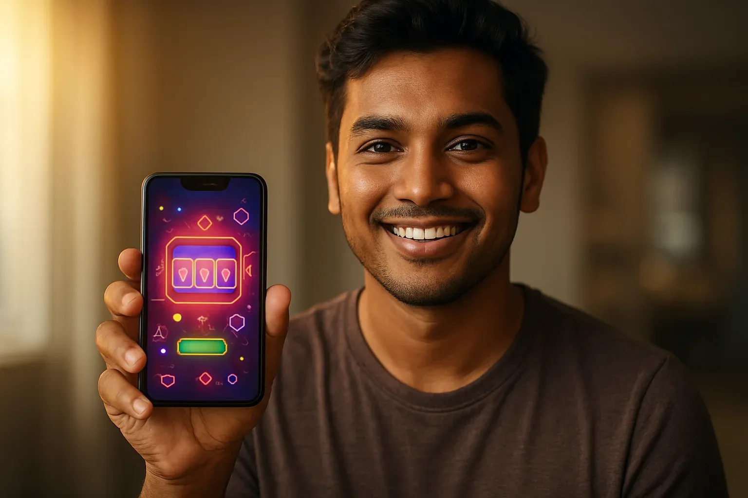 Young Bangladeshi man smiling and showing colorful mobile casino app