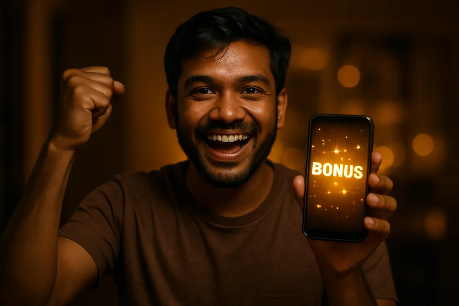 Joyful Bangladeshi man holding smartphone with glowing bonus notification screen