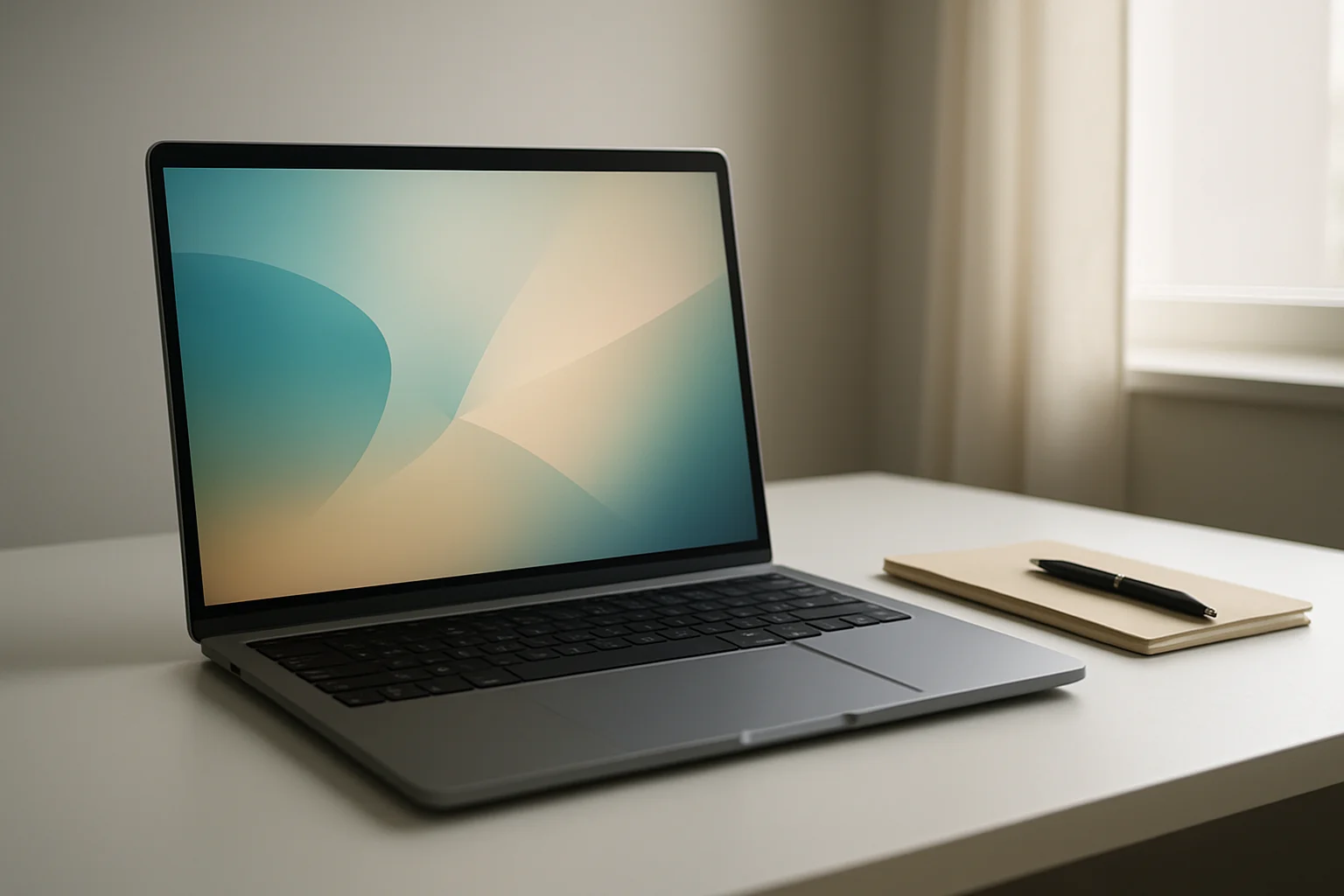 Modern laptop on white desk with glowing abstract screen and notepad
