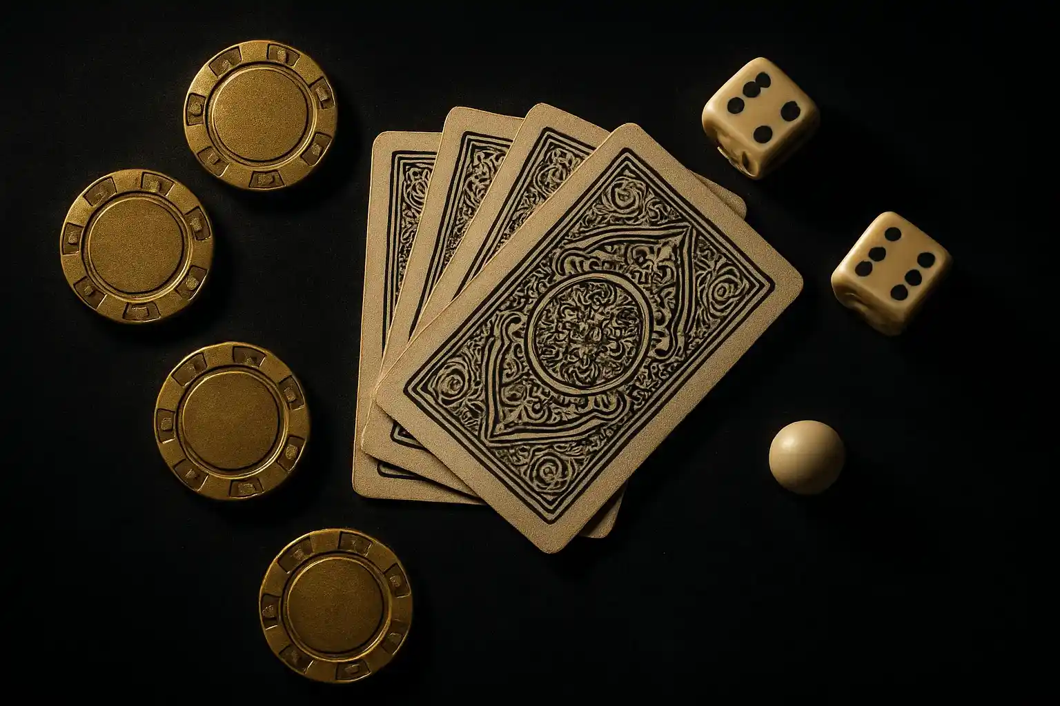 Top-down casino scene with chips, cards, dice, and roulette ball