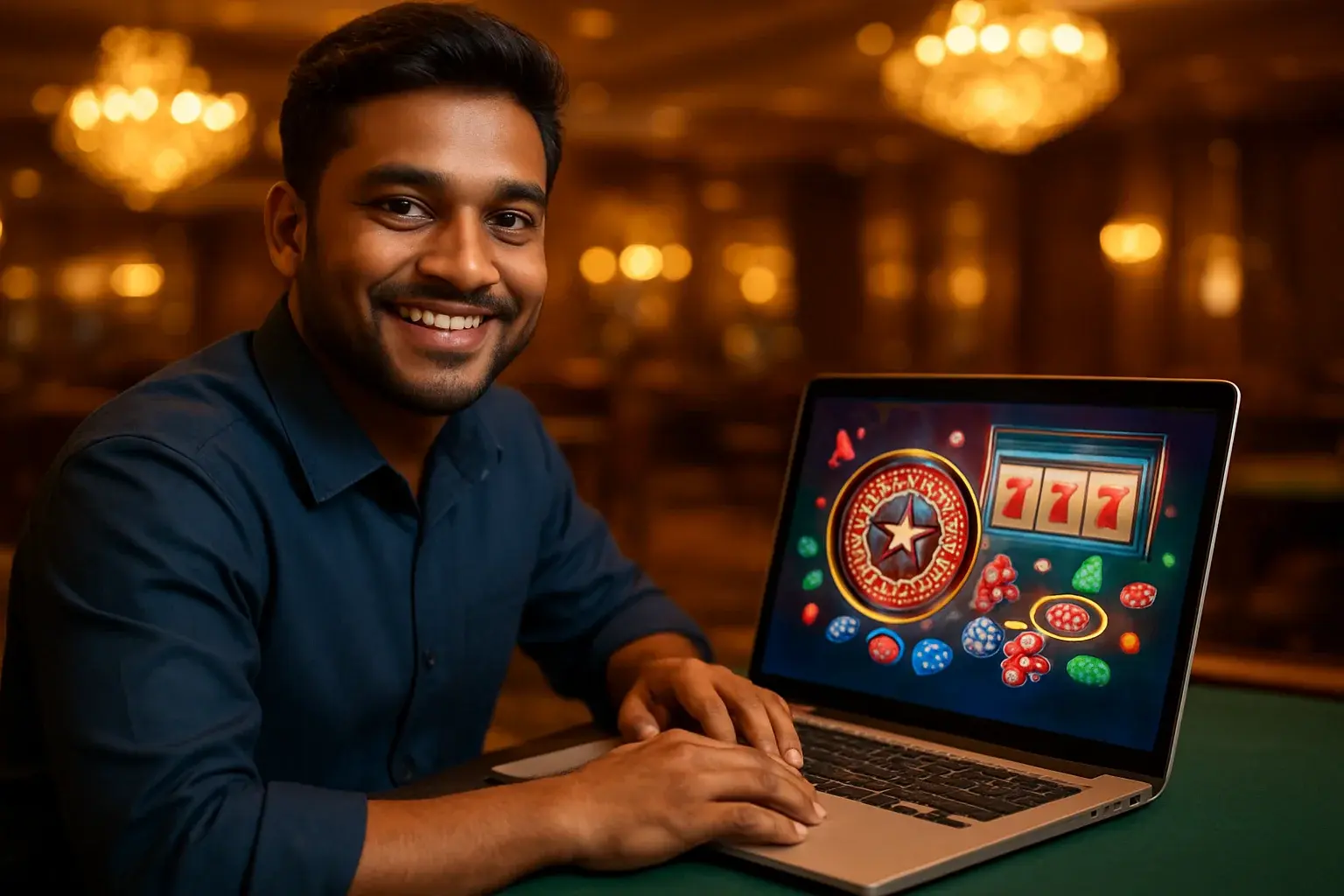 Cheerful Bangladeshi man with open laptop showing colorful casino interface