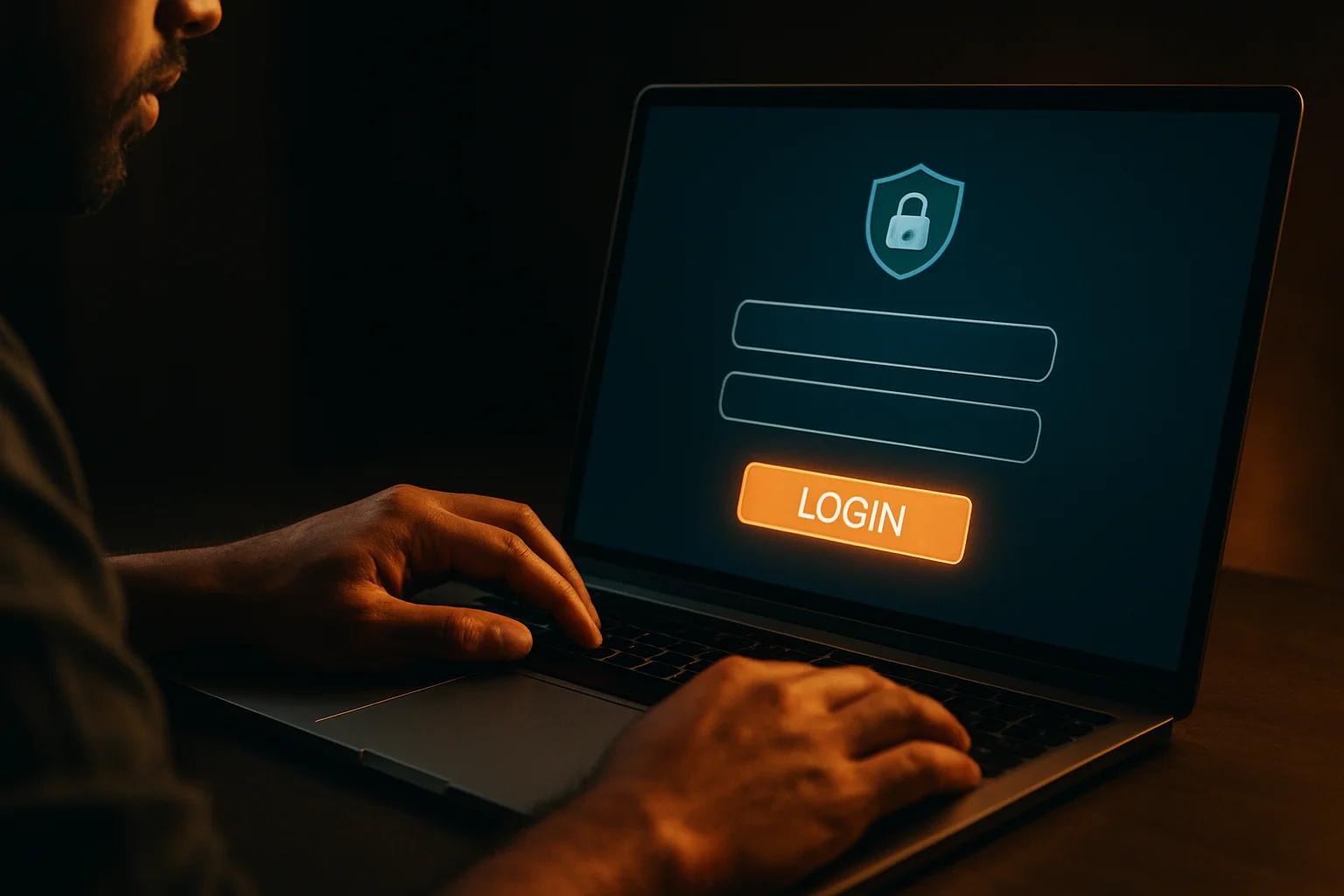 Bangladeshi man's hands on laptop with glowing sign-in form