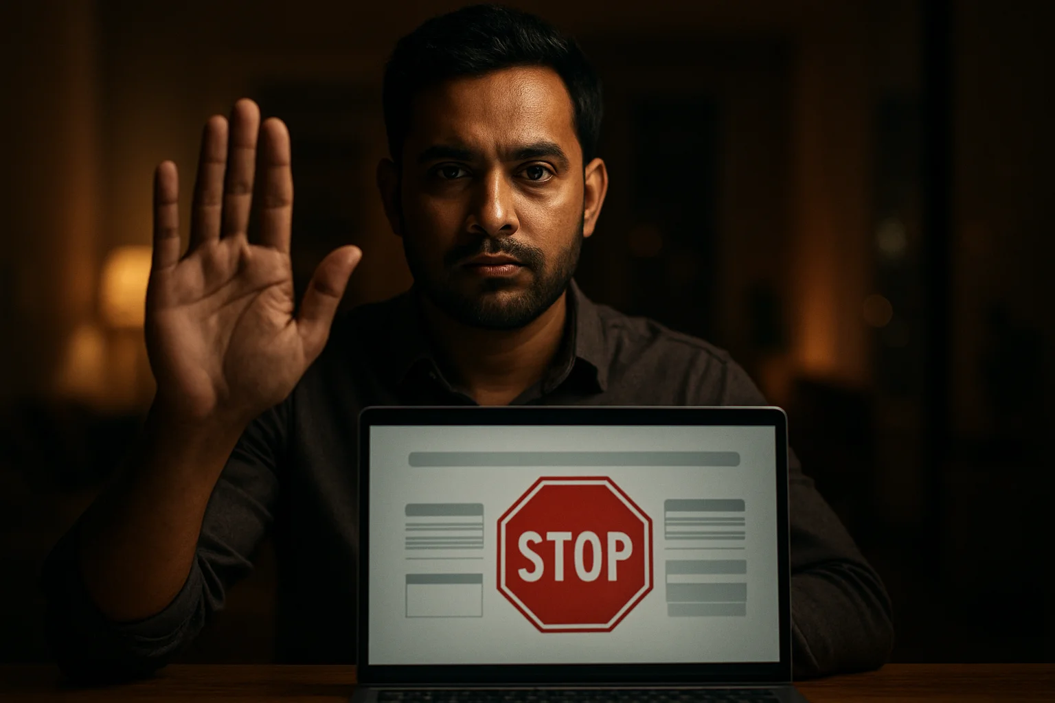 Bangladeshi man shows stop gesture beside laptop with responsible gambling controls