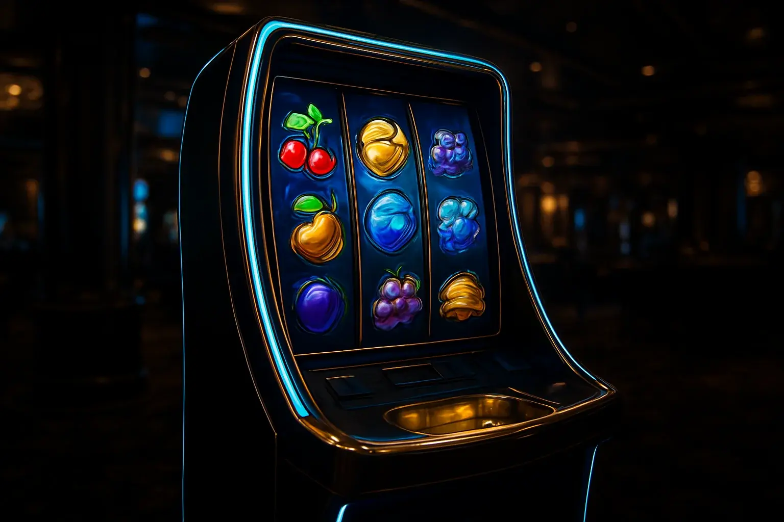 Hyperrealistic premium slot machine with glowing reels in a dark luxury casino
